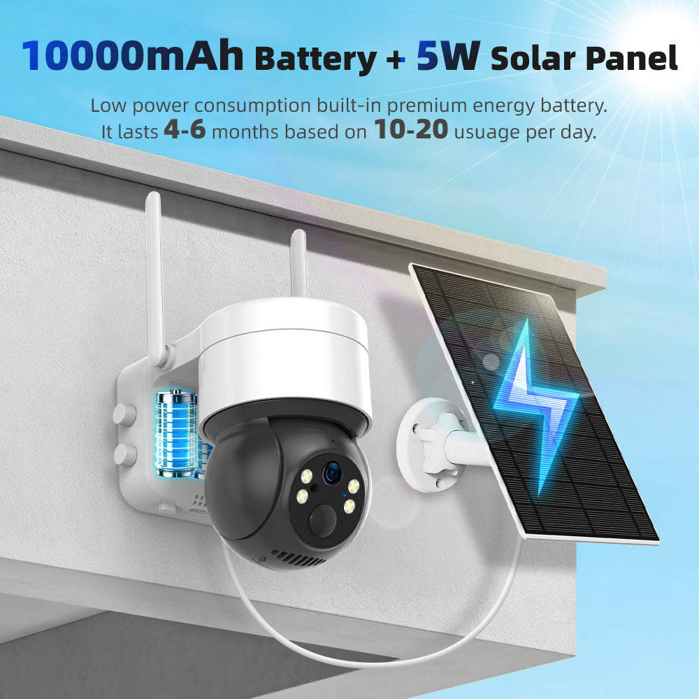 Tuya 3MP Solar PTZ Security Camera – Auto Tracking, Color Night Vision, 2-Way Audio, 10,000mAh Battery & 5W Solar Panel